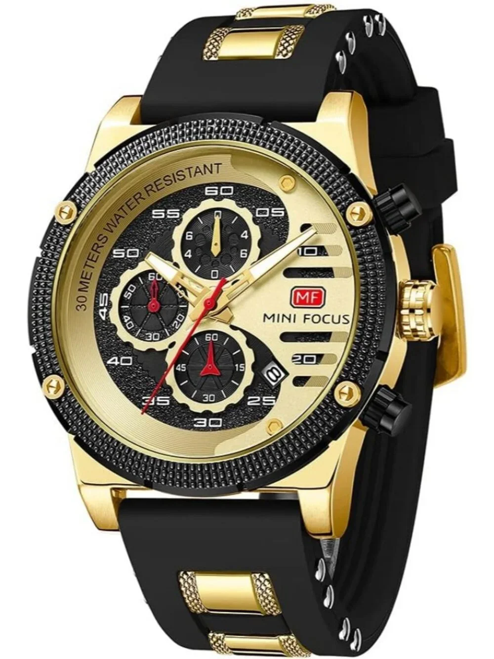 Men's Gold Black Chronograph Waterproof Sport Military Analog Quartz Wristwatch